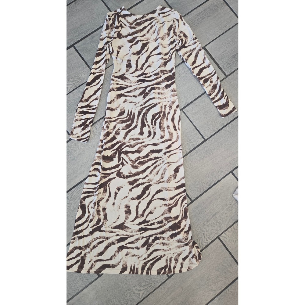 Win Win Zebra Print 2 Piece Set Long Sleeve Slit Maxi Tunic Leggings Brown Small